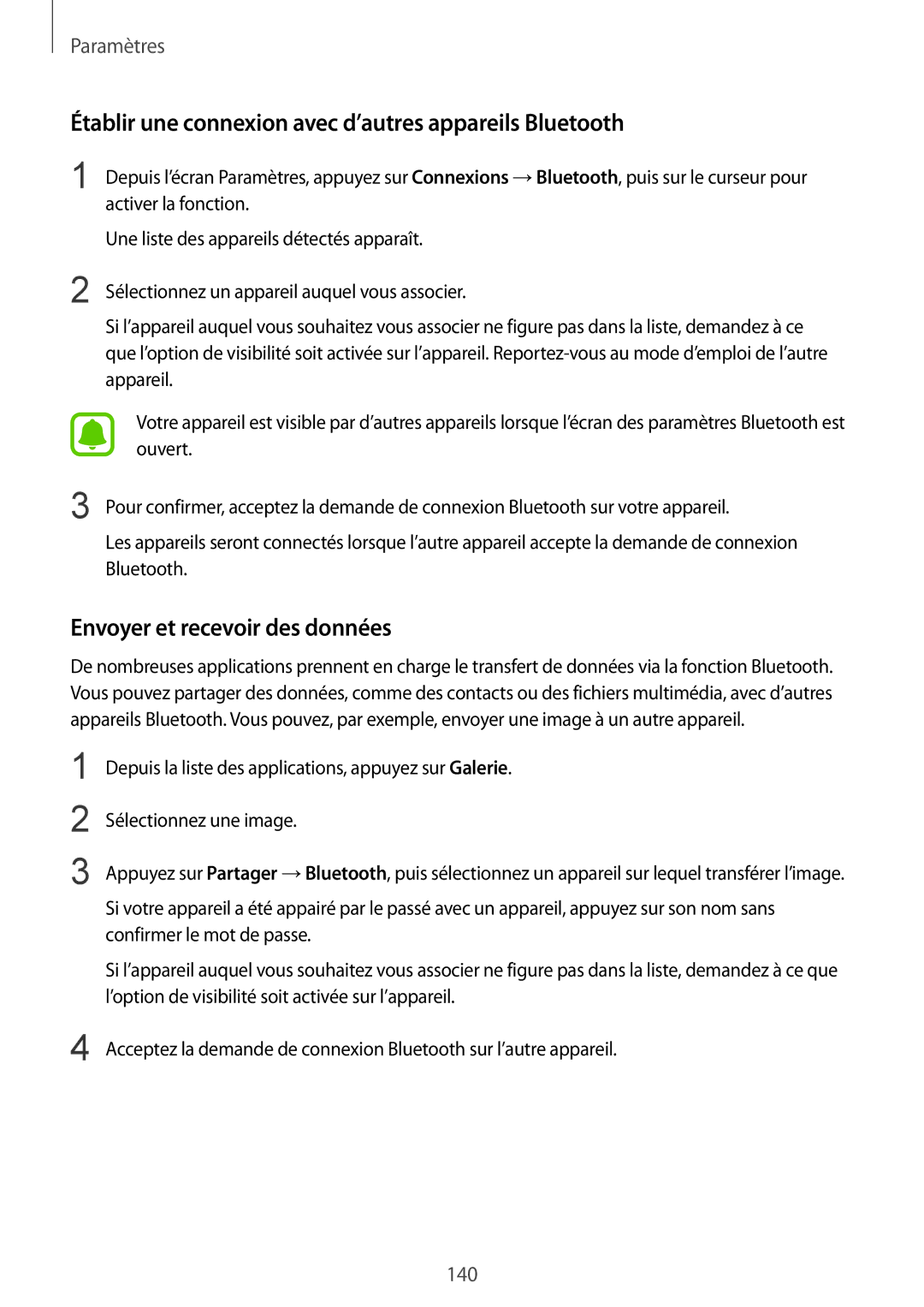 Samsung SM-G935FZSAXEF manual Établir une connexion avec d’autres appareils Bluetooth, Envoyer et recevoir des données 