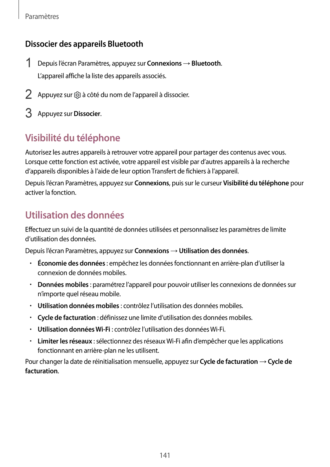 Samsung SM-G935FZBAXEF, SM-G935FZDAXEF Visibilité du téléphone, Utilisation des données, Dissocier des appareils Bluetooth 