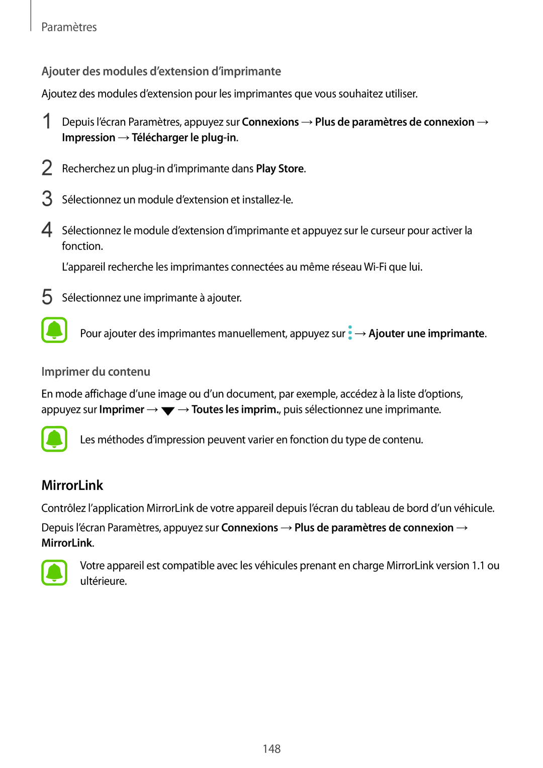 Samsung SM-G935FZWAXEF, SM-G935FZDAXEF manual MirrorLink, Ajouter des modules d’extension d’imprimante, Imprimer du contenu 