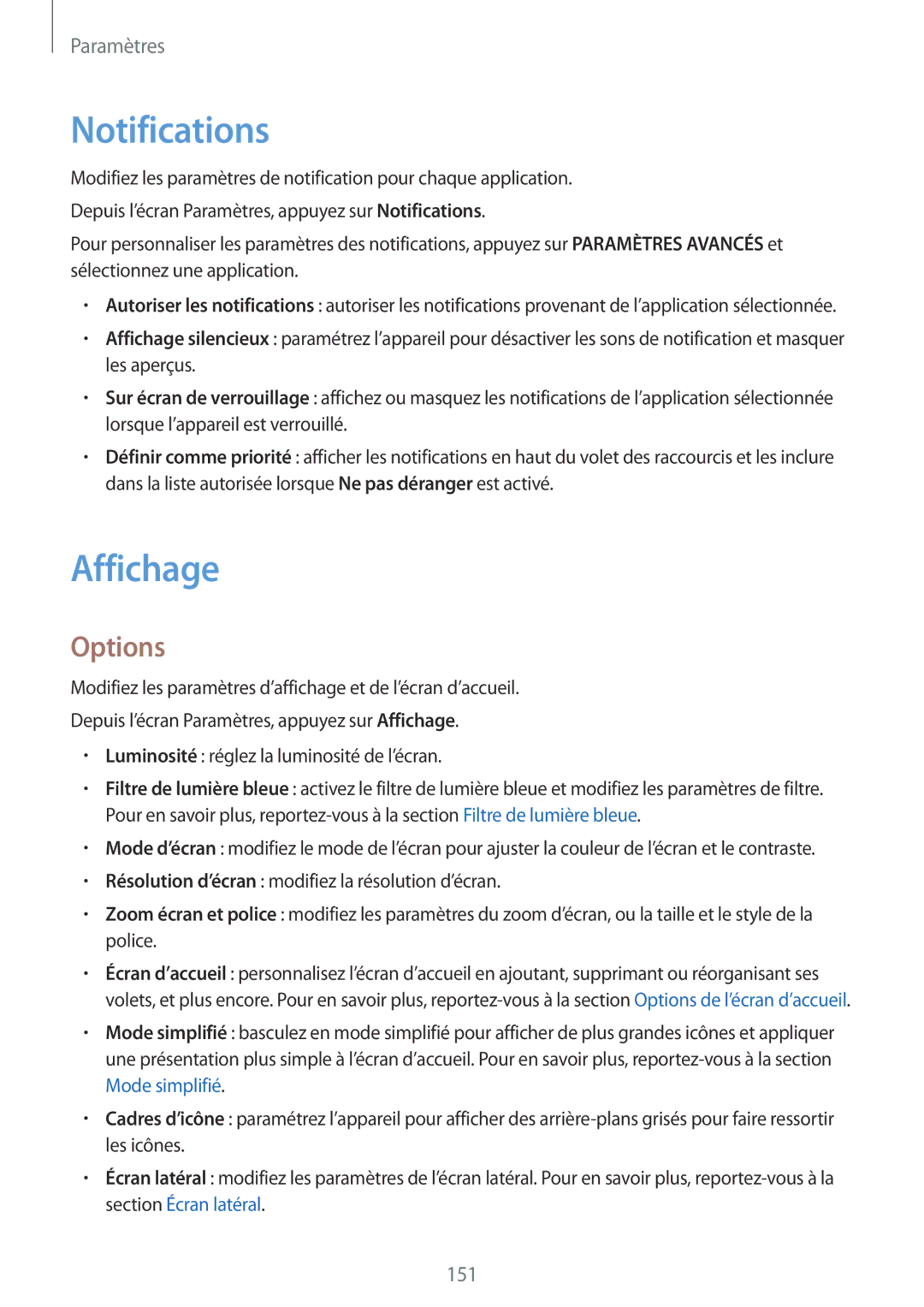 Samsung SM-G935FEDAXEF, SM-G935FZDAXEF, SM-G935FZSAXEF, SM-G935FZBAXEF, SM-G935FZWAXEF manual Notifications, Affichage, Options 