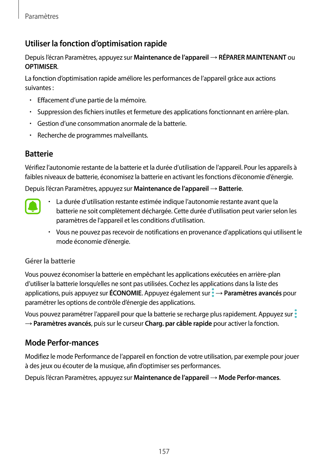 Samsung SM-G935FEDAXEF manual Utiliser la fonction d’optimisation rapide, Batterie, Mode Perfor-mances, Gérer la batterie 