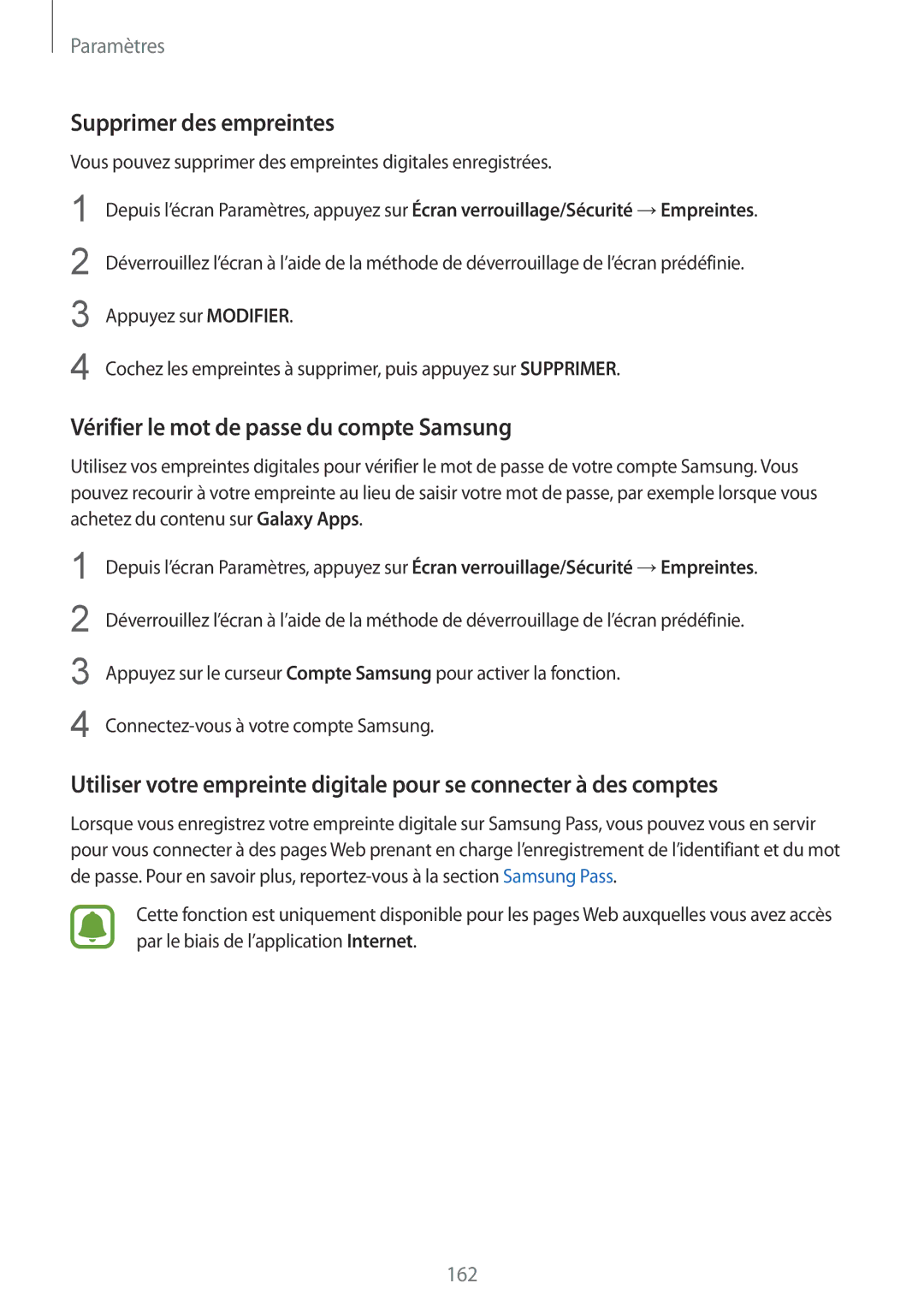 Samsung SM-G935FZDAXEF, SM-G935FEDAXEF, SM-G935FZSAXEF Supprimer des empreintes, Vérifier le mot de passe du compte Samsung 