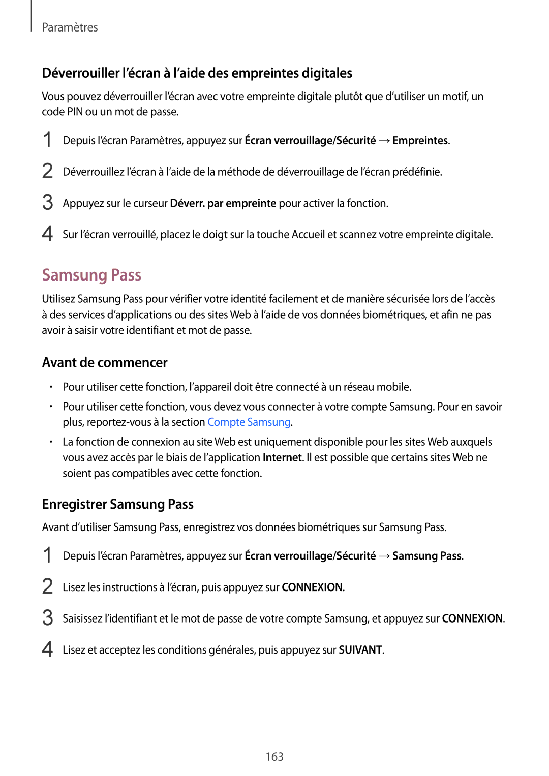 Samsung SM-G935FEDAXEF manual Déverrouiller l’écran à l’aide des empreintes digitales, Enregistrer Samsung Pass 