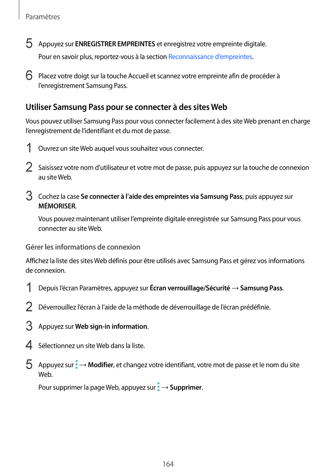 Samsung SM-G935FZSAXEF manual Utiliser Samsung Pass pour se connecter à des sites Web, Gérer les informations de connexion 