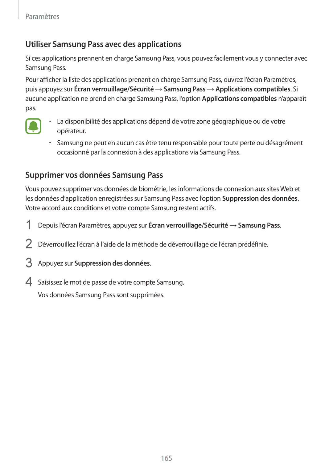 Samsung SM-G935FZBAXEF, SM-G935FZDAXEF Utiliser Samsung Pass avec des applications, Supprimer vos données Samsung Pass 
