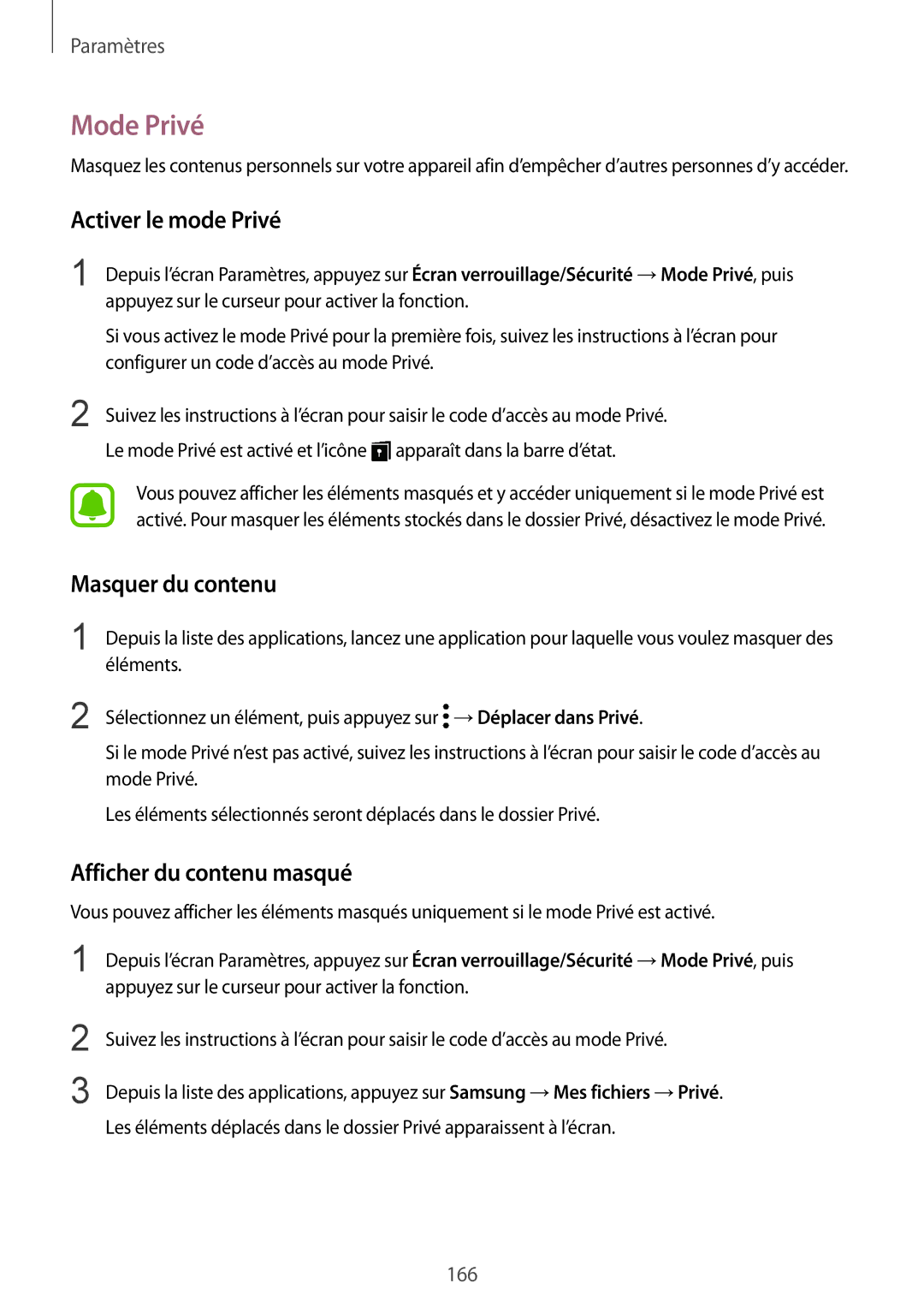 Samsung SM-G935FZWAXEF, SM-G935FZDAXEF Mode Privé, Activer le mode Privé, Masquer du contenu, Afficher du contenu masqué 