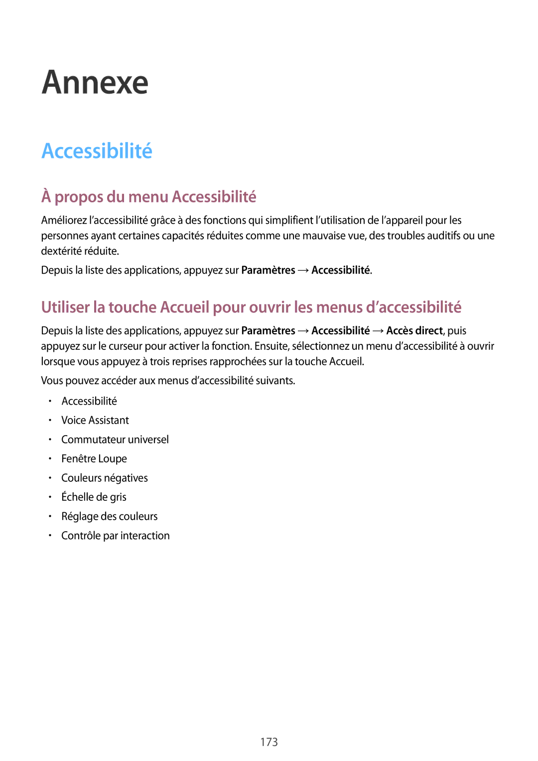 Samsung SM-G935FZKAXEF, SM-G935FZDAXEF, SM-G935FEDAXEF, SM-G935FZSAXEF, SM-G935FZBAXEF Annexe, Propos du menu Accessibilité 