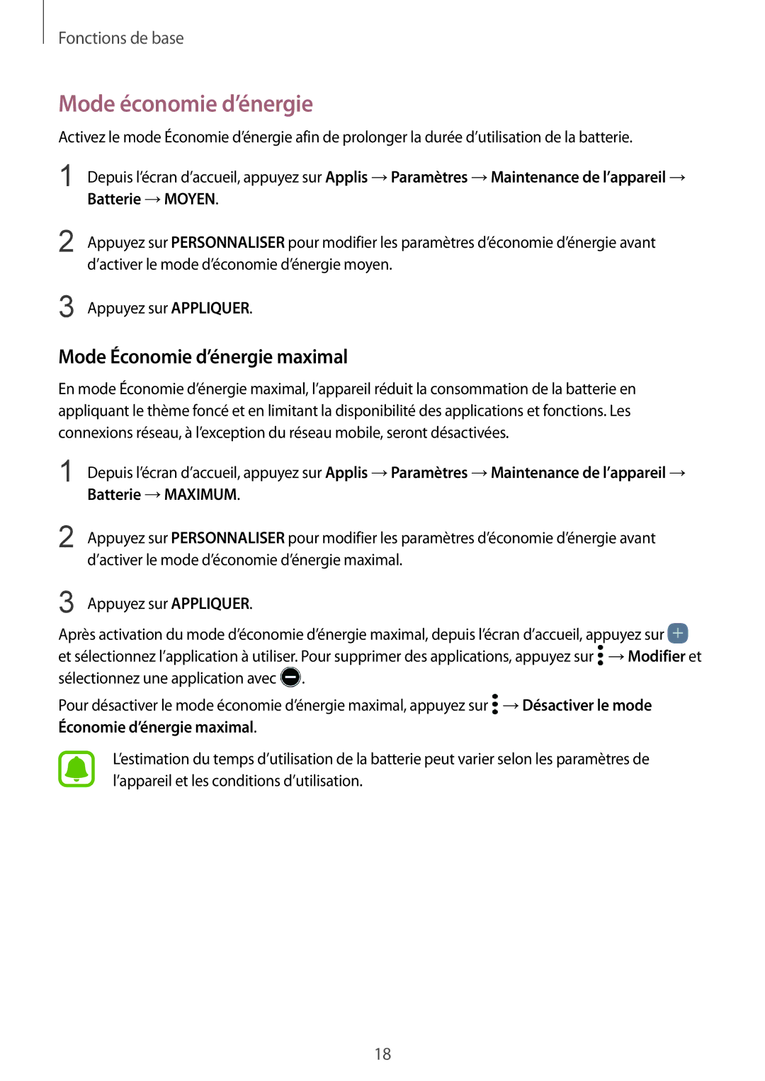 Samsung SM-G935FZDAXEF manual Mode économie d’énergie, Mode Économie d’énergie maximal, Batterie →MOYEN, Batterie →MAXIMUM 