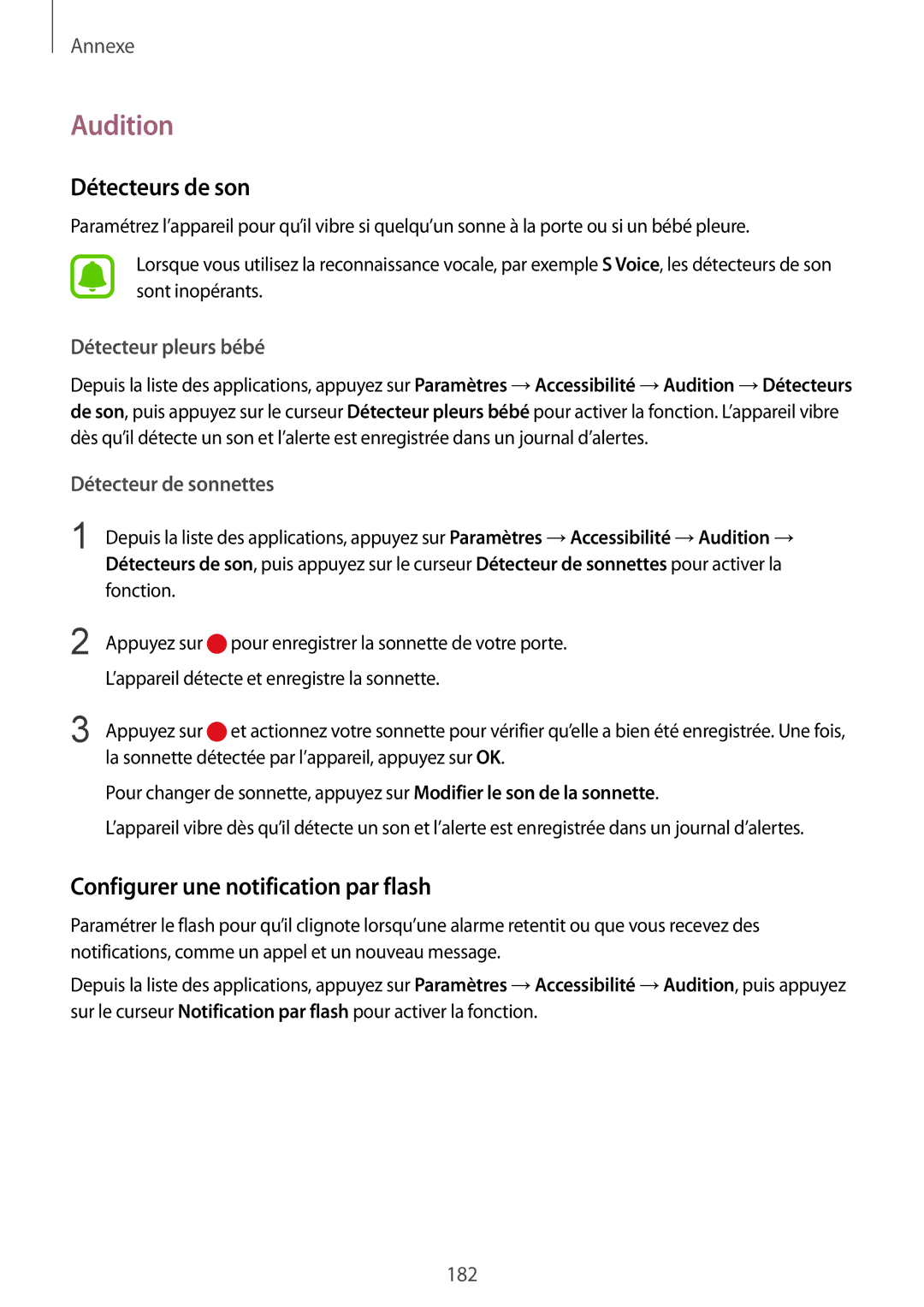 Samsung SM-G935FZSAXEF manual Audition, Détecteurs de son, Configurer une notification par flash, Détecteur pleurs bébé 