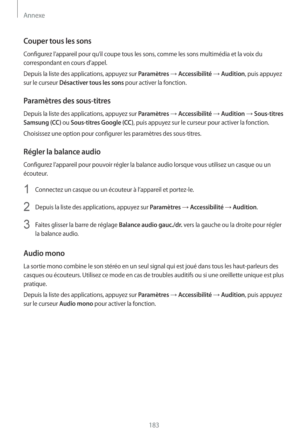 Samsung SM-G935FZBAXEF manual Couper tous les sons, Paramètres des sous-titres, Régler la balance audio, Audio mono 