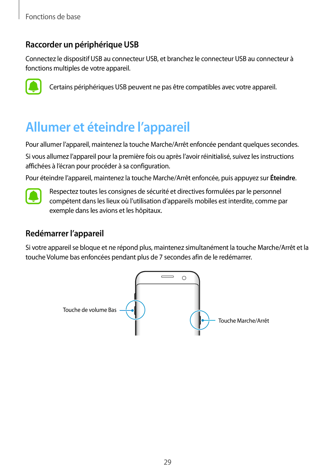 Samsung SM-G935FZKAXEF manual Allumer et éteindre l’appareil, Raccorder un périphérique USB, Redémarrer l’appareil 