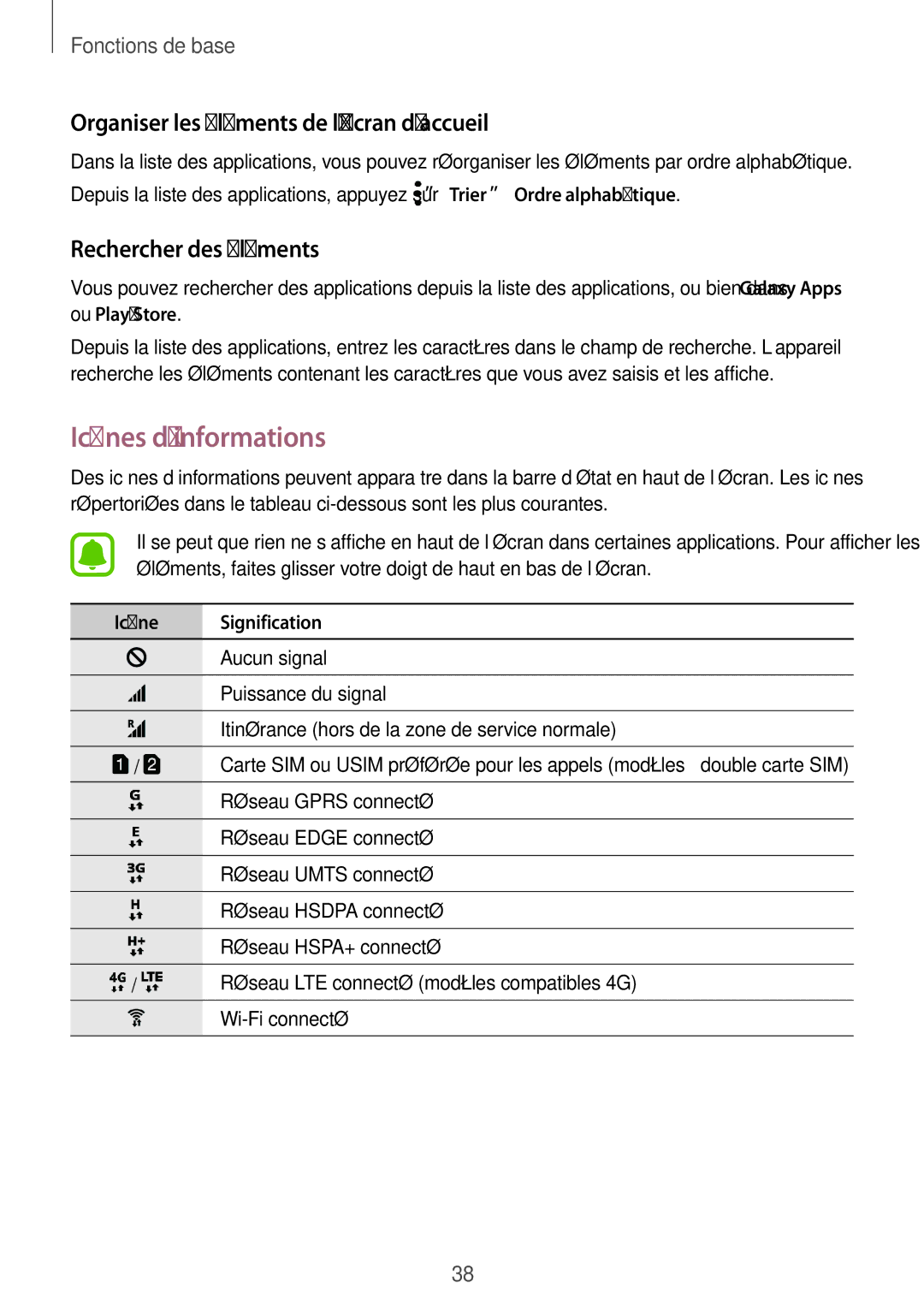 Samsung SM-G935FZSAXEF manual Icônes d’informations, Organiser les éléments de l’écran d’accueil, Rechercher des éléments 