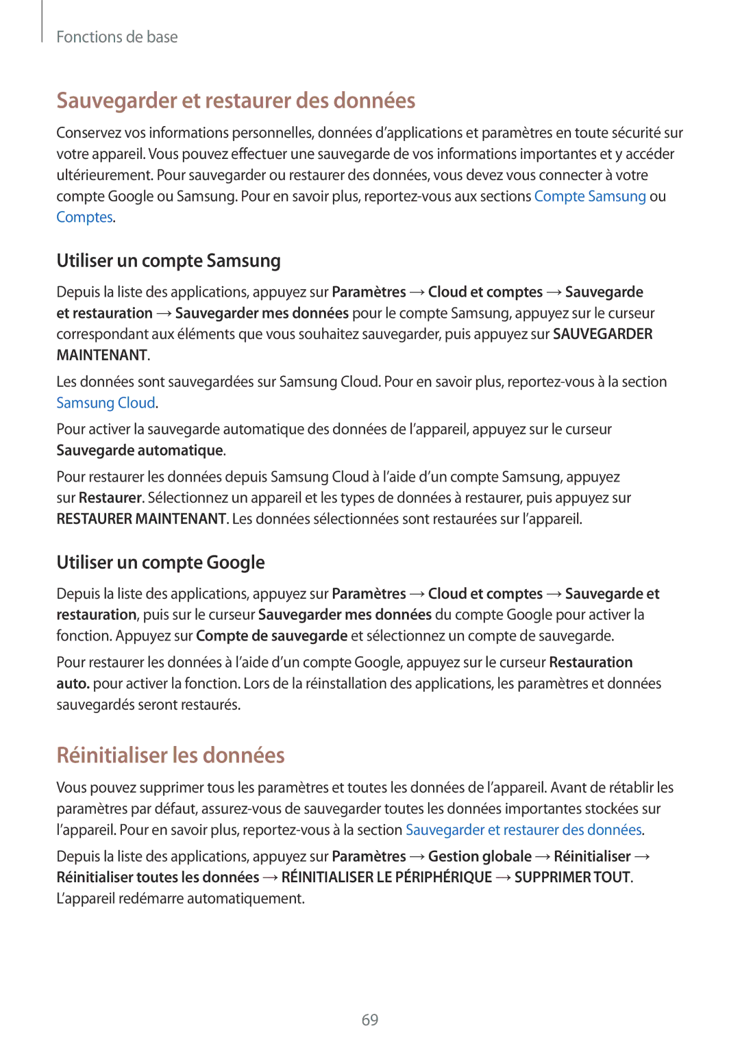 Samsung SM-G935FZBAXEF manual Sauvegarder et restaurer des données, Réinitialiser les données, Utiliser un compte Samsung 