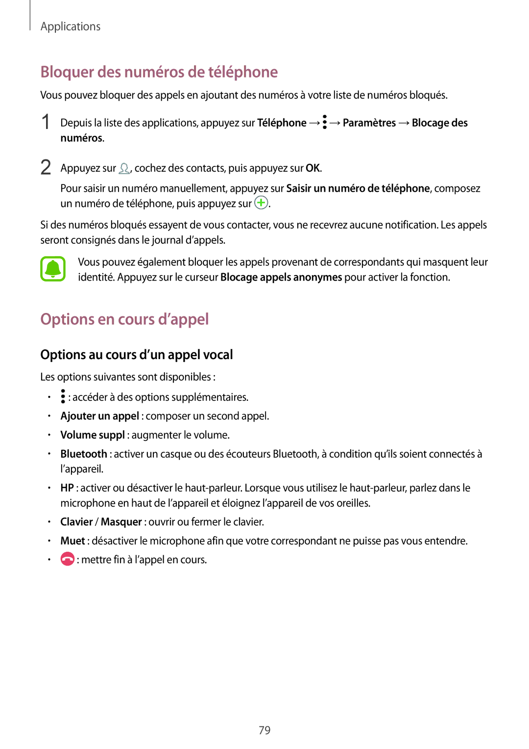 Samsung SM-G935FEDAXEF manual Bloquer des numéros de téléphone, Options en cours d’appel, Options au cours d’un appel vocal 