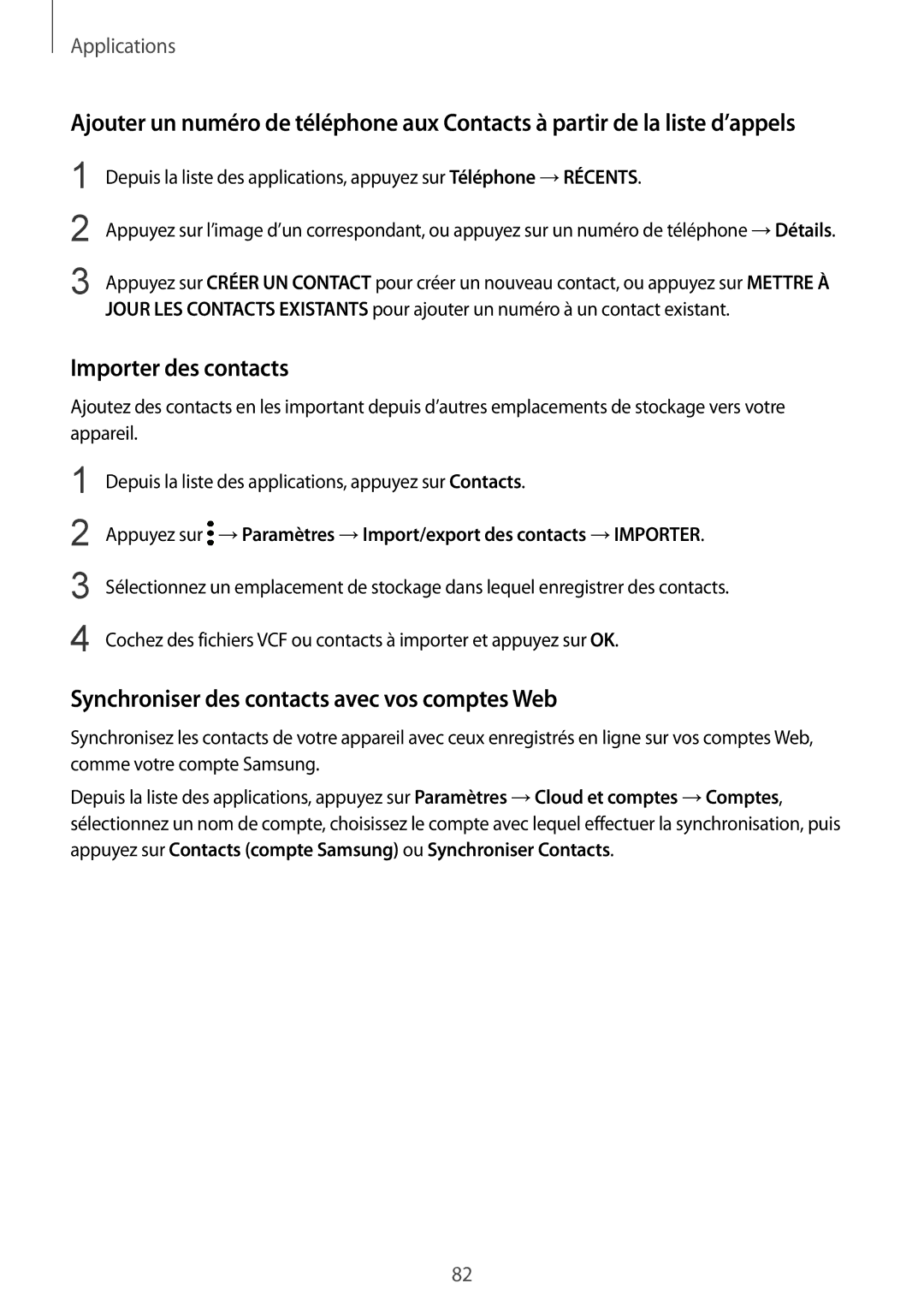 Samsung SM-G935FZWAXEF, SM-G935FZDAXEF manual Importer des contacts, Synchroniser des contacts avec vos comptes Web 