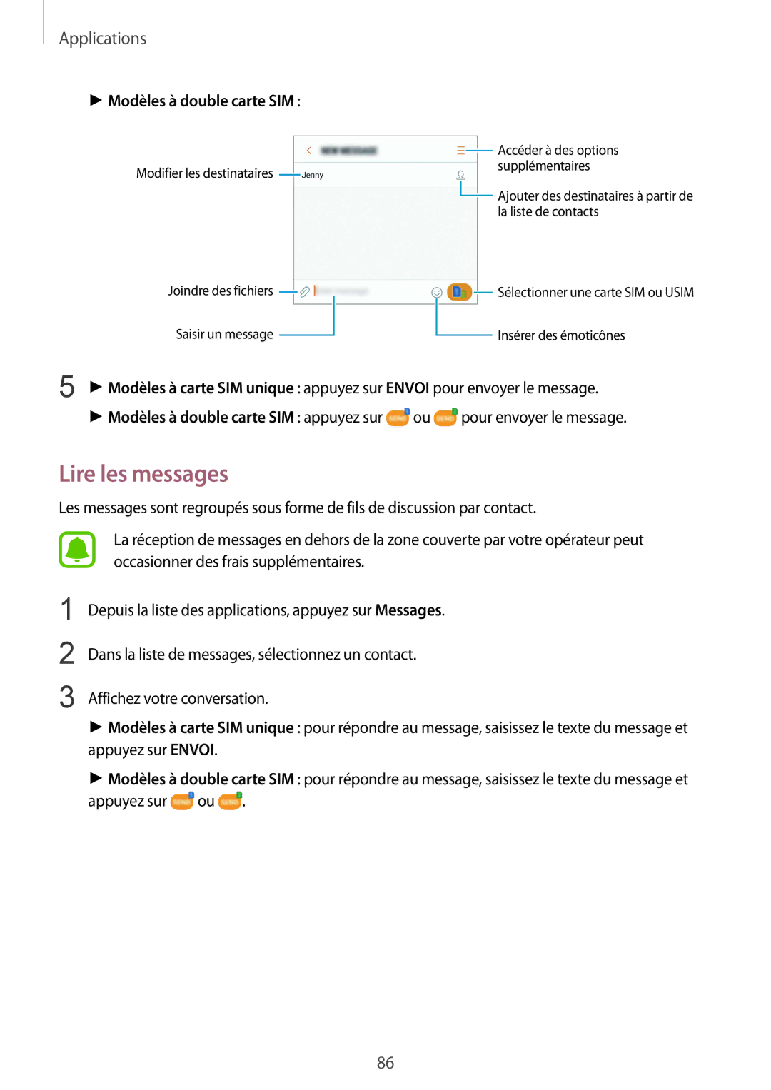 Samsung SM-G935FZSAXEF, SM-G935FZDAXEF, SM-G935FEDAXEF, SM-G935FZBAXEF manual Lire les messages, Modèles à double carte SIM 