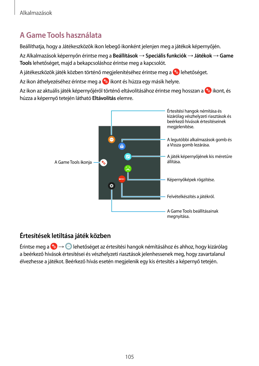 Samsung SM-G935FZDAXEH manual Game Tools használata, Értesítések letiltása játék közben 