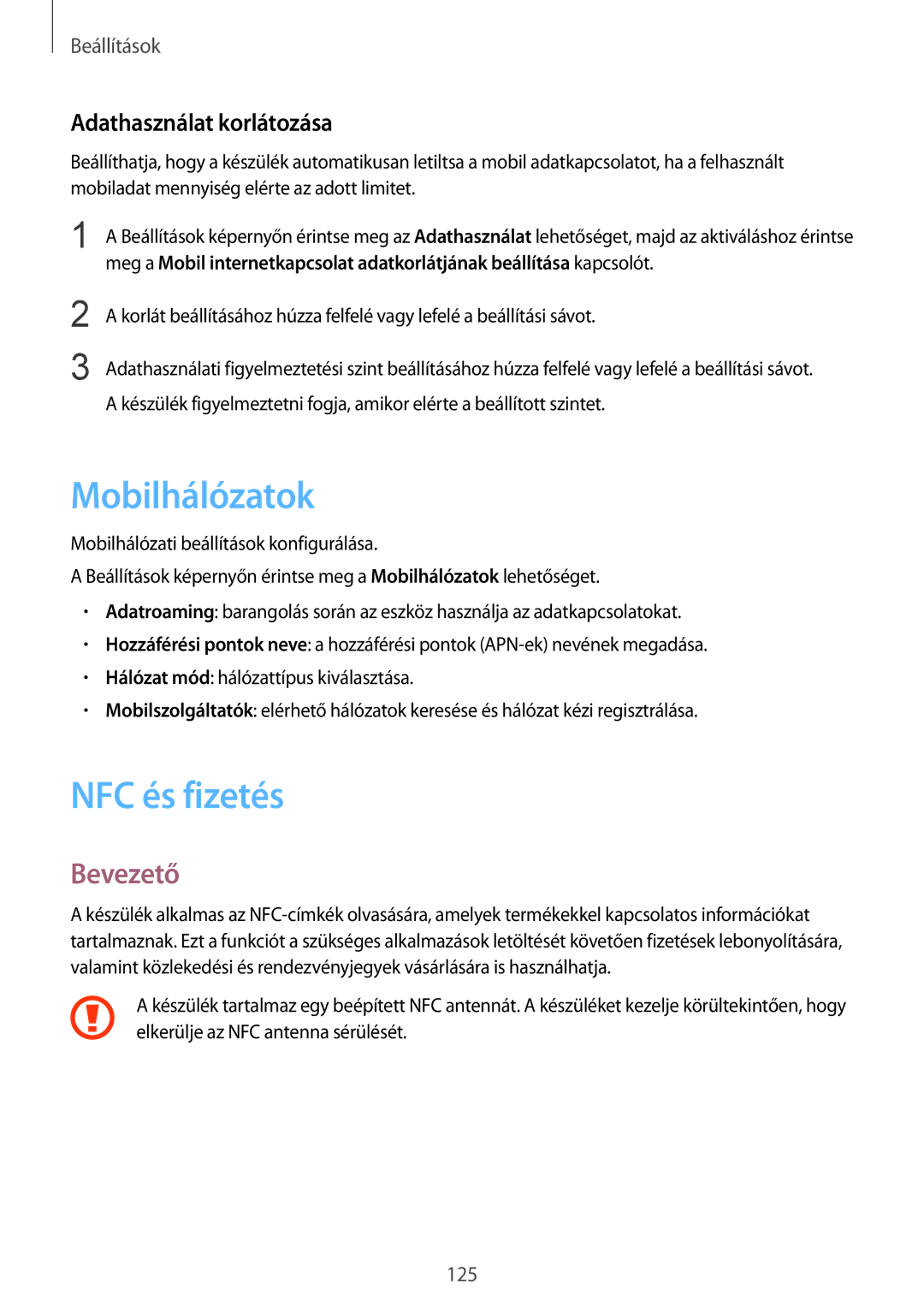 Samsung SM-G935FZDAXEH manual Mobilhálózatok, NFC és fizetés, Adathasználat korlátozása 