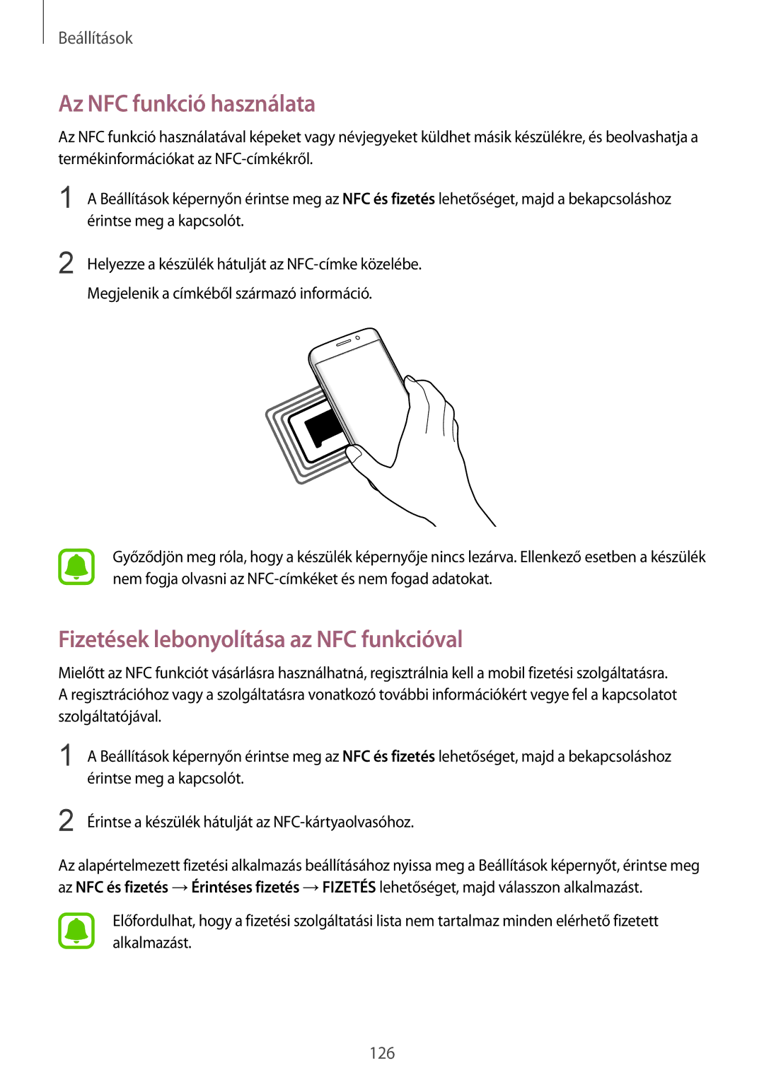 Samsung SM-G935FZDAXEH manual Az NFC funkció használata, Fizetések lebonyolítása az NFC funkcióval 