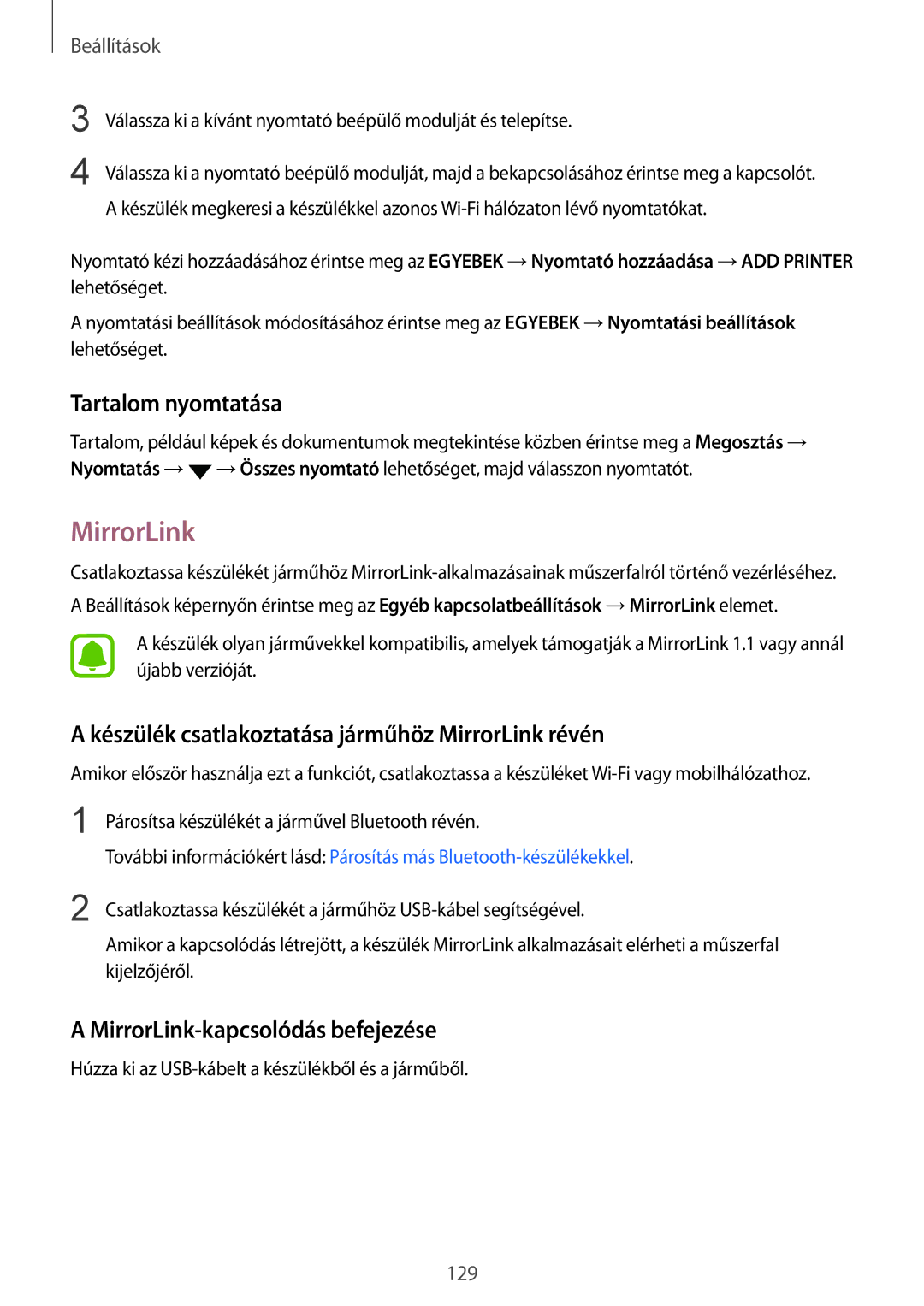 Samsung SM-G935FZDAXEH manual Tartalom nyomtatása, Készülék csatlakoztatása járműhöz MirrorLink révén 