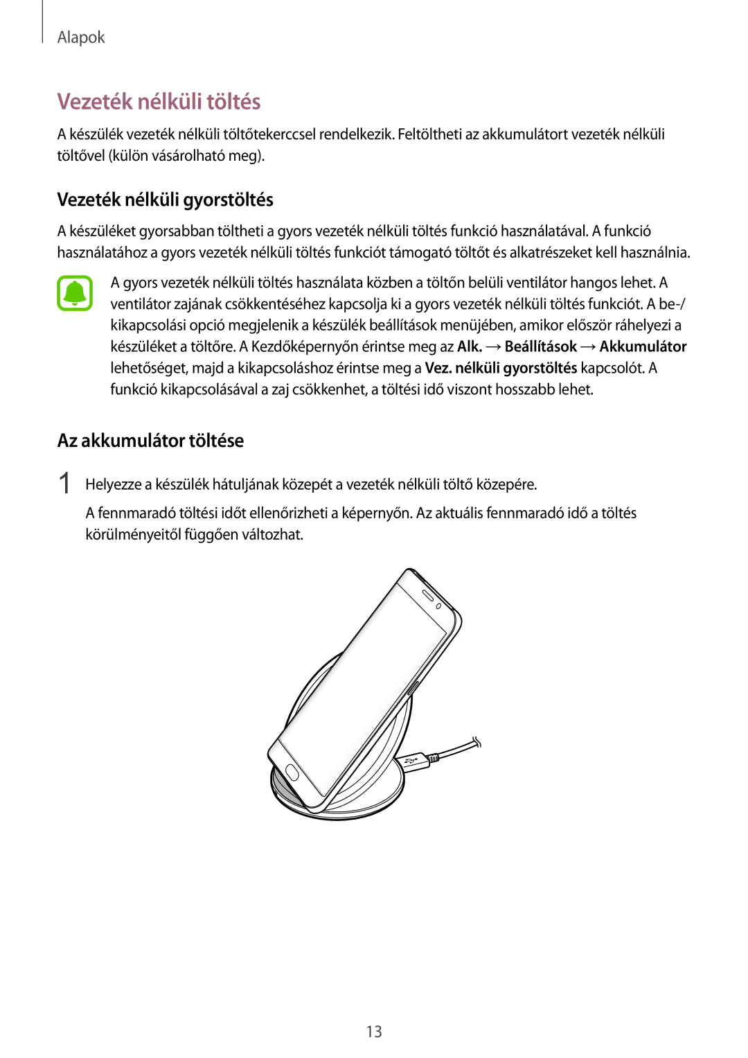 Samsung SM-G935FZDAXEH manual Vezeték nélküli töltés, Vezeték nélküli gyorstöltés, Az akkumulátor töltése 