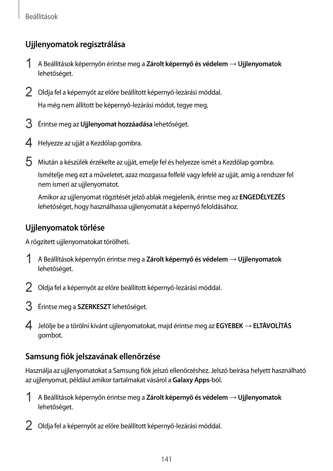 Samsung SM-G935FZDAXEH manual Ujjlenyomatok regisztrálása, Ujjlenyomatok törlése, Samsung fiók jelszavának ellenőrzése 