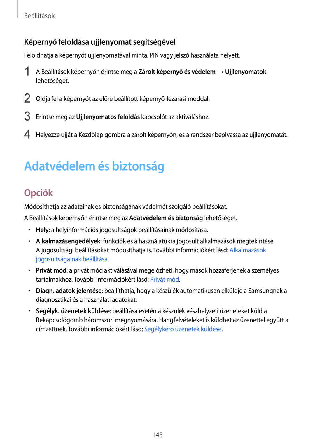 Samsung SM-G935FZDAXEH manual Adatvédelem és biztonság, Képernyő feloldása ujjlenyomat segítségével 