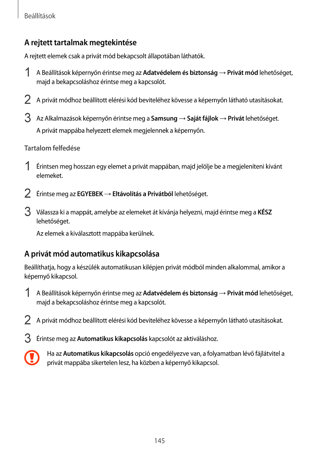 Samsung SM-G935FZDAXEH manual Rejtett tartalmak megtekintése, Privát mód automatikus kikapcsolása 