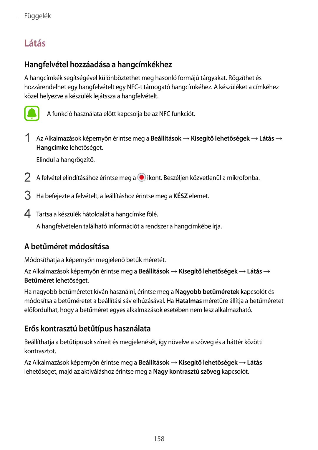 Samsung SM-G935FZDAXEH manual Látás, Hangfelvétel hozzáadása a hangcímkékhez, Betűméret módosítása 