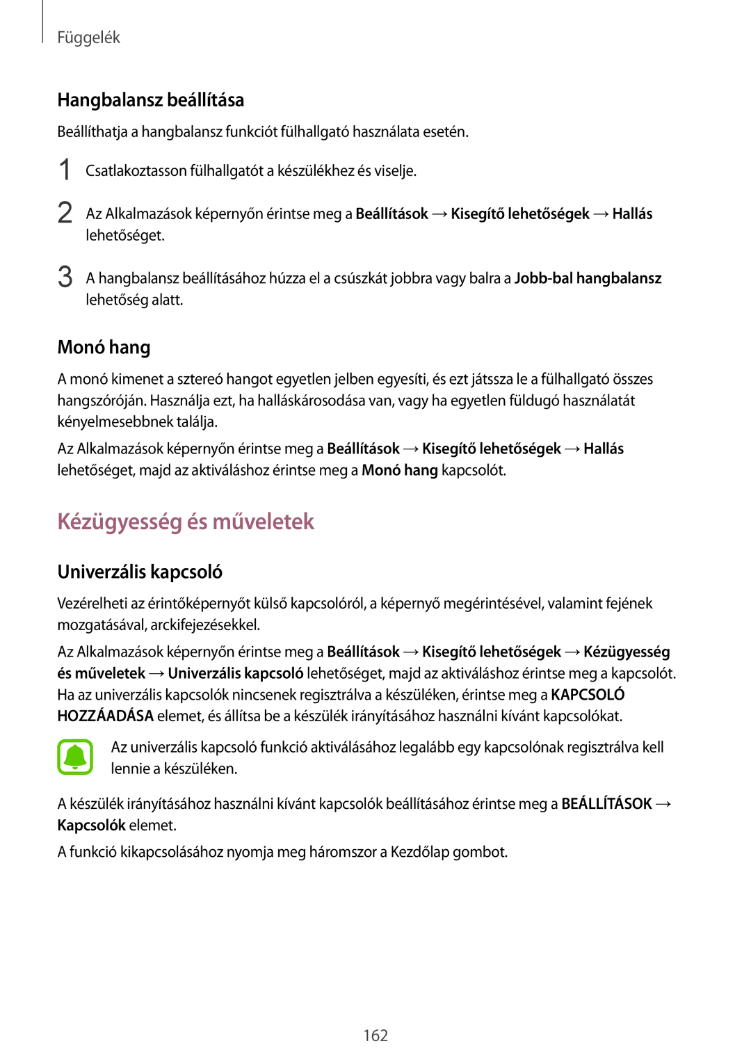 Samsung SM-G935FZDAXEH manual Kézügyesség és műveletek, Hangbalansz beállítása, Monó hang, Univerzális kapcsoló 