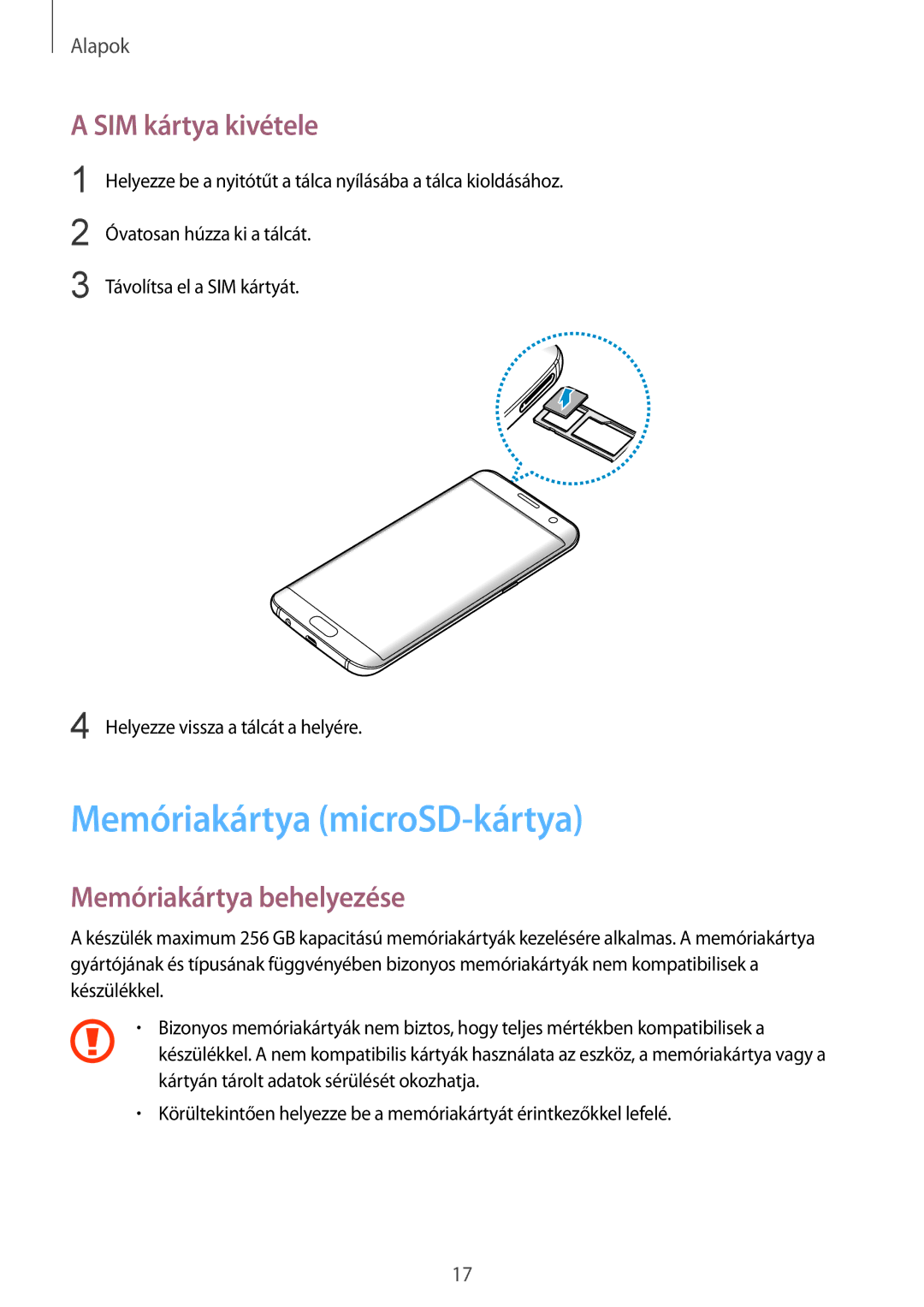 Samsung SM-G935FZDAXEH manual Memóriakártya microSD-kártya, SIM kártya kivétele, Memóriakártya behelyezése 