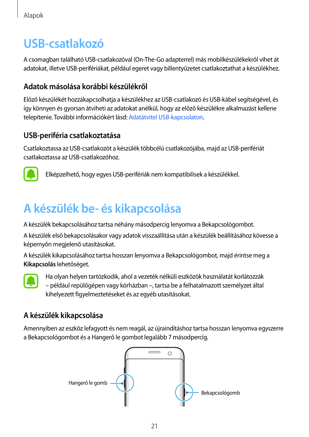 Samsung SM-G935FZDAXEH manual USB-csatlakozó, Készülék be- és kikapcsolása, Adatok másolása korábbi készülékről 