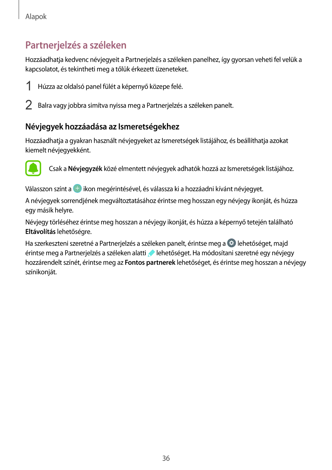 Samsung SM-G935FZDAXEH manual Partnerjelzés a széleken, Névjegyek hozzáadása az Ismeretségekhez 