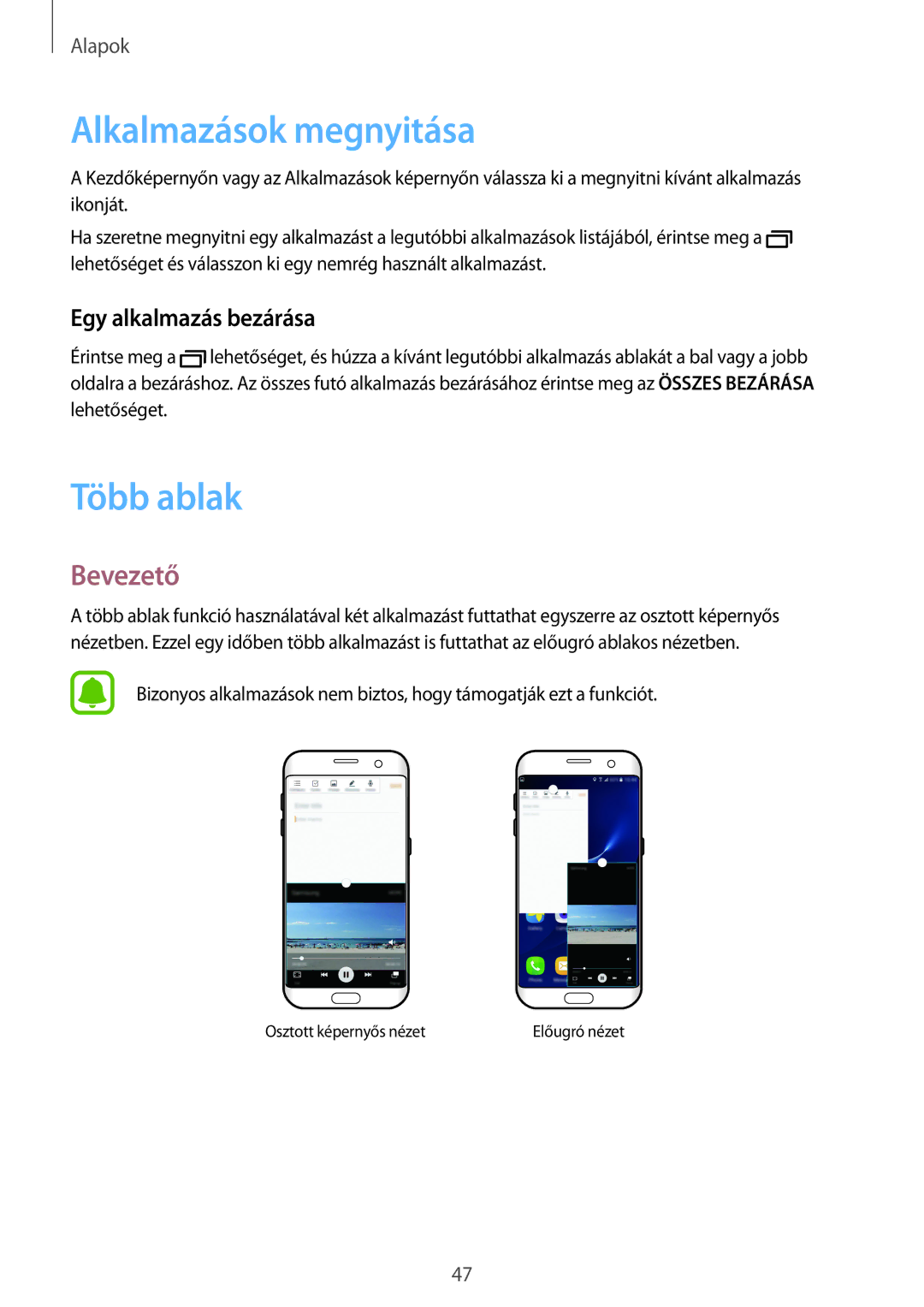 Samsung SM-G935FZDAXEH manual Alkalmazások megnyitása, Több ablak, Egy alkalmazás bezárása 