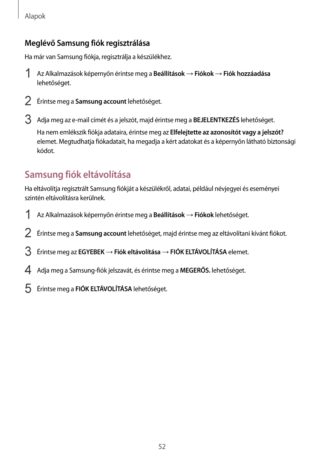 Samsung SM-G935FZDAXEH manual Samsung fiók eltávolítása, Meglévő Samsung fiók regisztrálása 