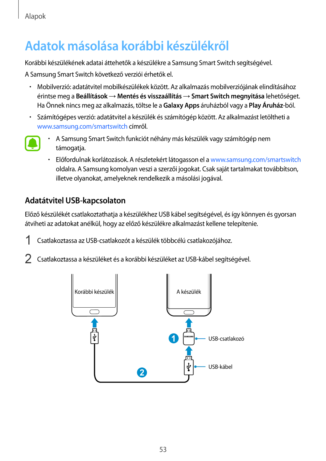 Samsung SM-G935FZDAXEH manual Adatok másolása korábbi készülékről, Adatátvitel USB-kapcsolaton 