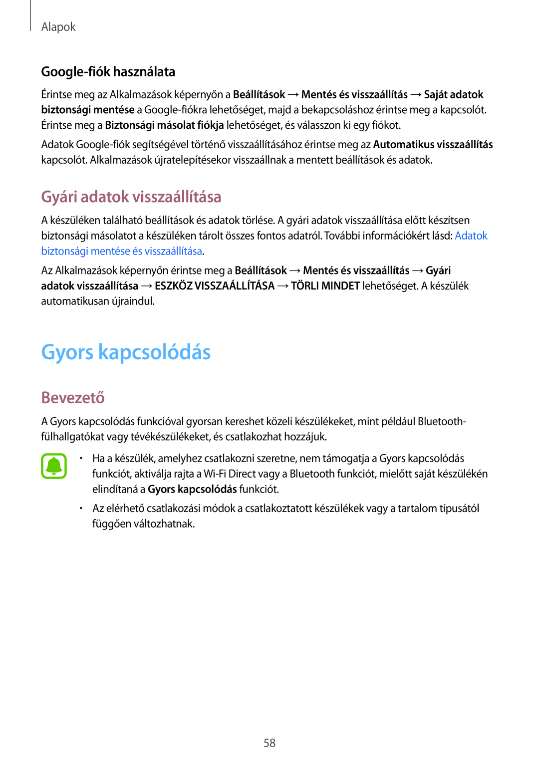 Samsung SM-G935FZDAXEH manual Gyors kapcsolódás, Gyári adatok visszaállítása, Google-fiók használata 