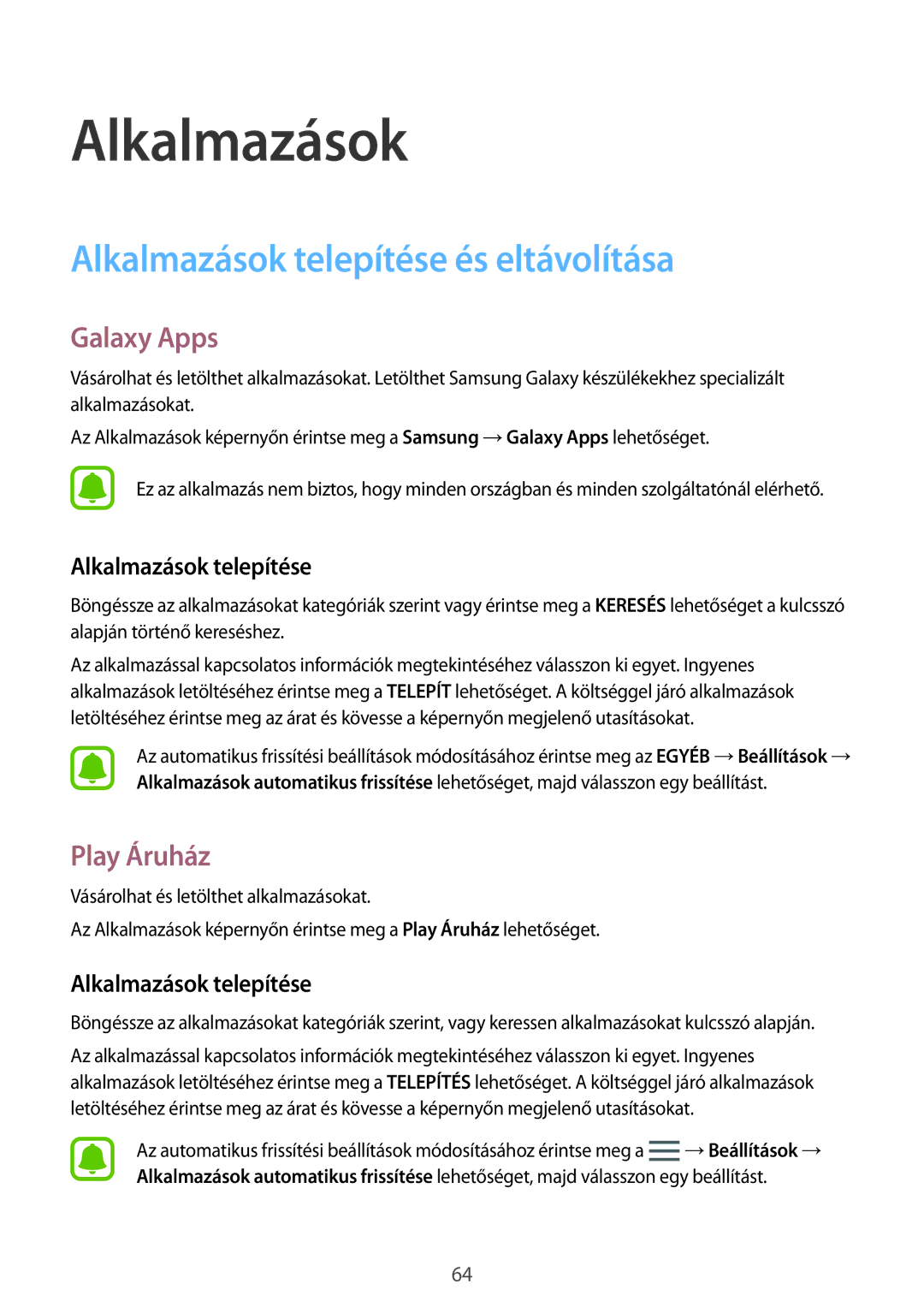 Samsung SM-G935FZDAXEH manual Alkalmazások telepítése és eltávolítása, Galaxy Apps, Play Áruház 