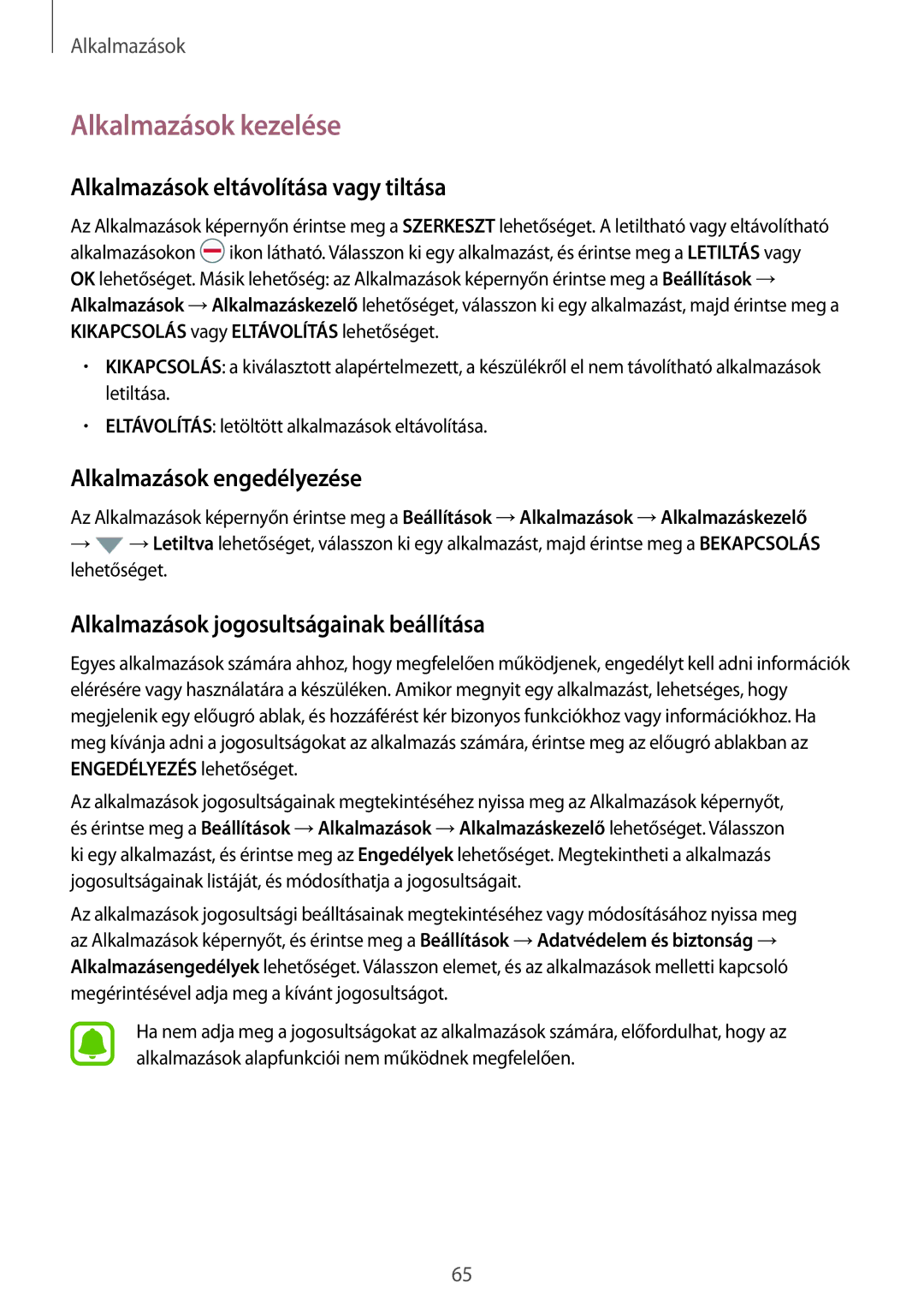 Samsung SM-G935FZDAXEH manual Alkalmazások kezelése, Alkalmazások eltávolítása vagy tiltása, Alkalmazások engedélyezése 