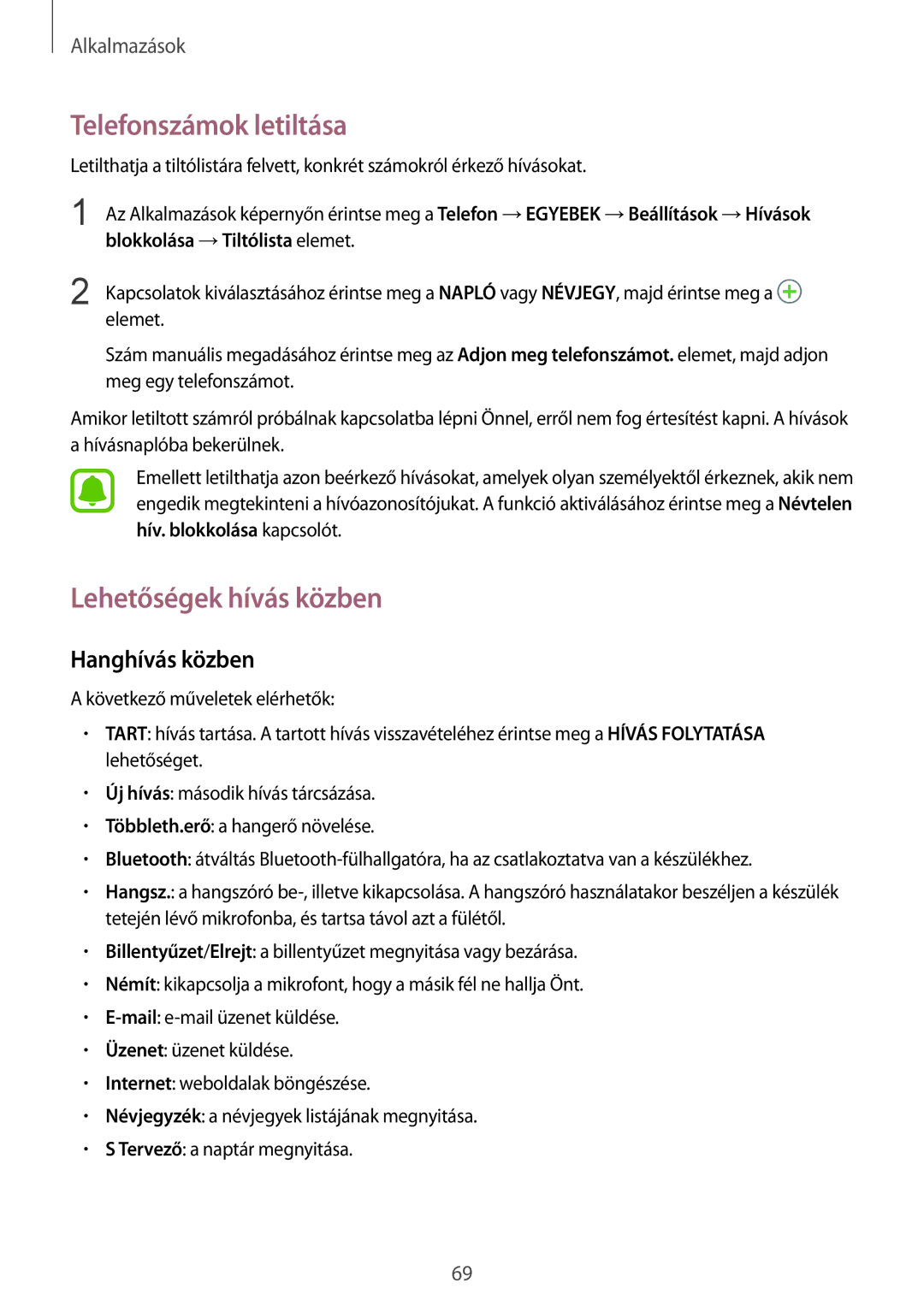 Samsung SM-G935FZDAXEH manual Telefonszámok letiltása, Lehetőségek hívás közben, Hanghívás közben 