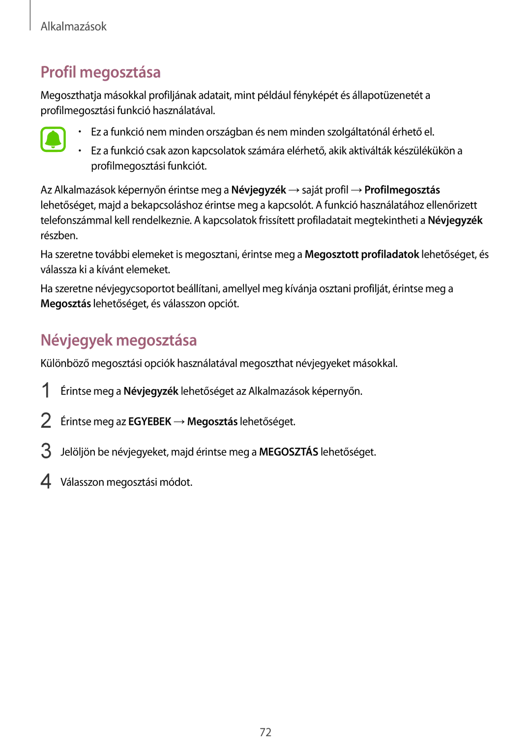 Samsung SM-G935FZDAXEH manual Profil megosztása, Névjegyek megosztása 