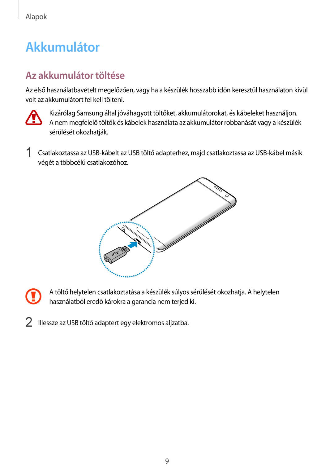 Samsung SM-G935FZDAXEH manual Akkumulátor, Az akkumulátor töltése 