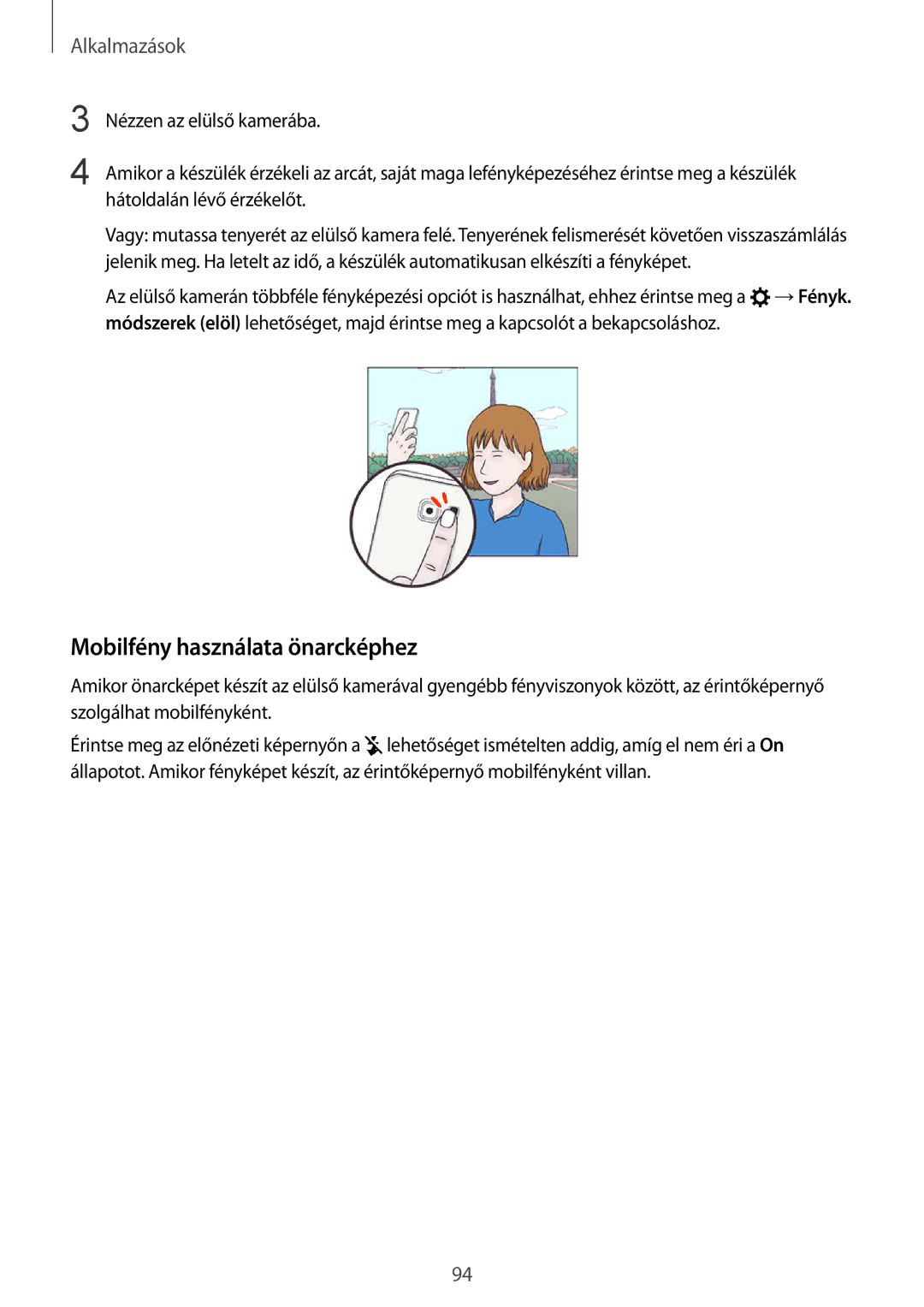 Samsung SM-G935FZDAXEH manual Mobilfény használata önarcképhez 