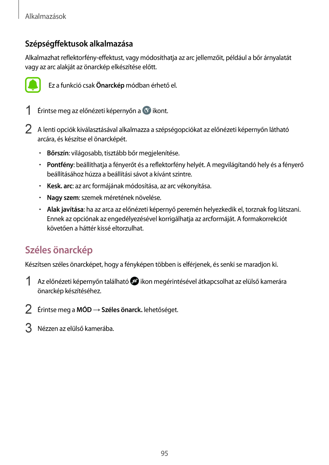 Samsung SM-G935FZDAXEH manual Széles önarckép, Szépségffektusok alkalmazása 