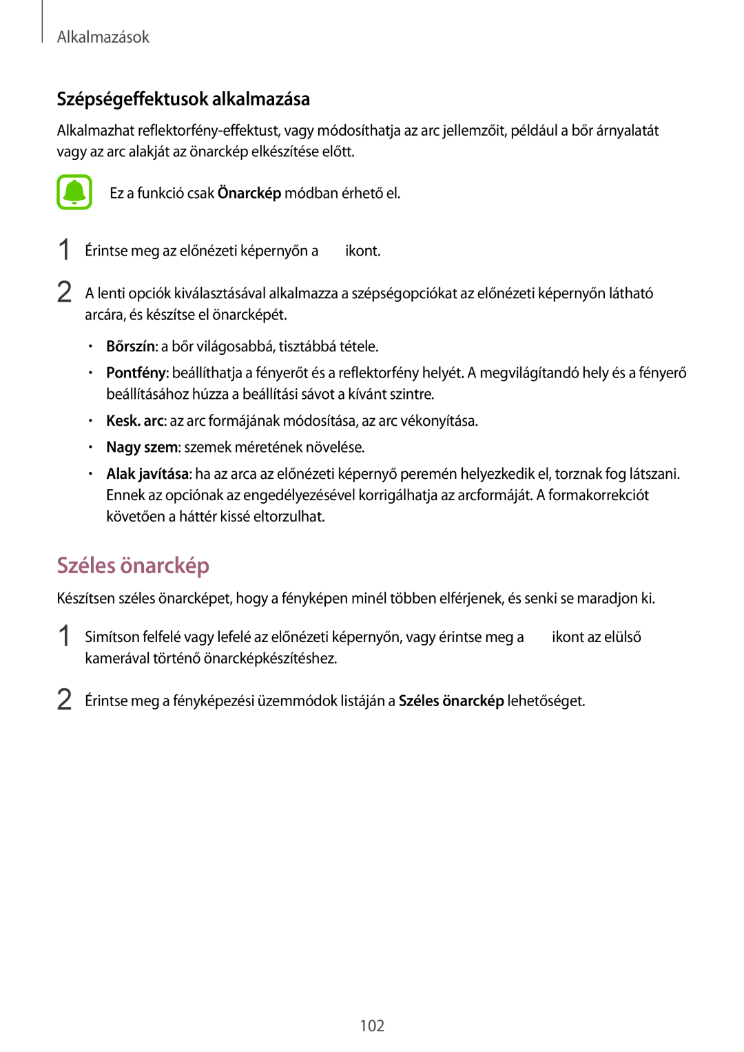 Samsung SM-G935FZDAXEH manual Széles önarckép, Szépségeffektusok alkalmazása 