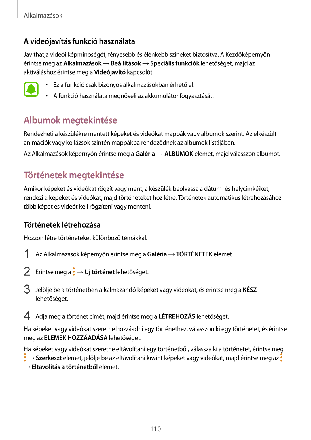 Samsung SM-G935FZDAXEH manual Albumok megtekintése, Történetek megtekintése, Videójavítás funkció használata 