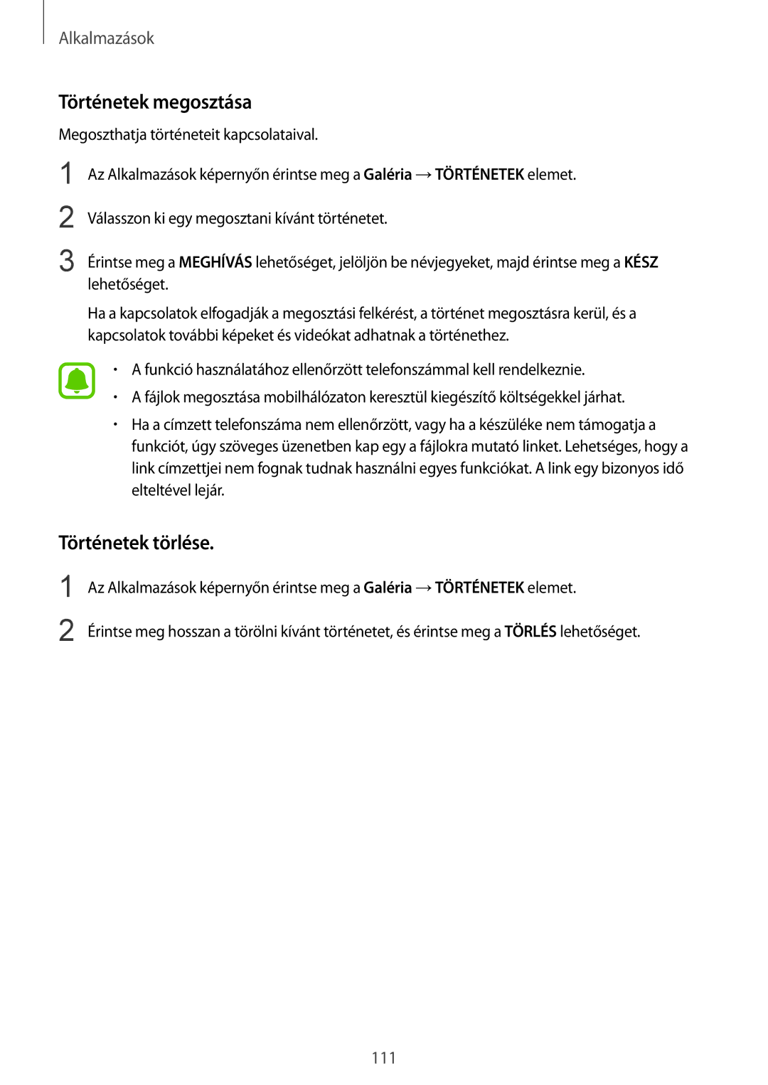 Samsung SM-G935FZDAXEH manual Történetek megosztása, Történetek törlése 