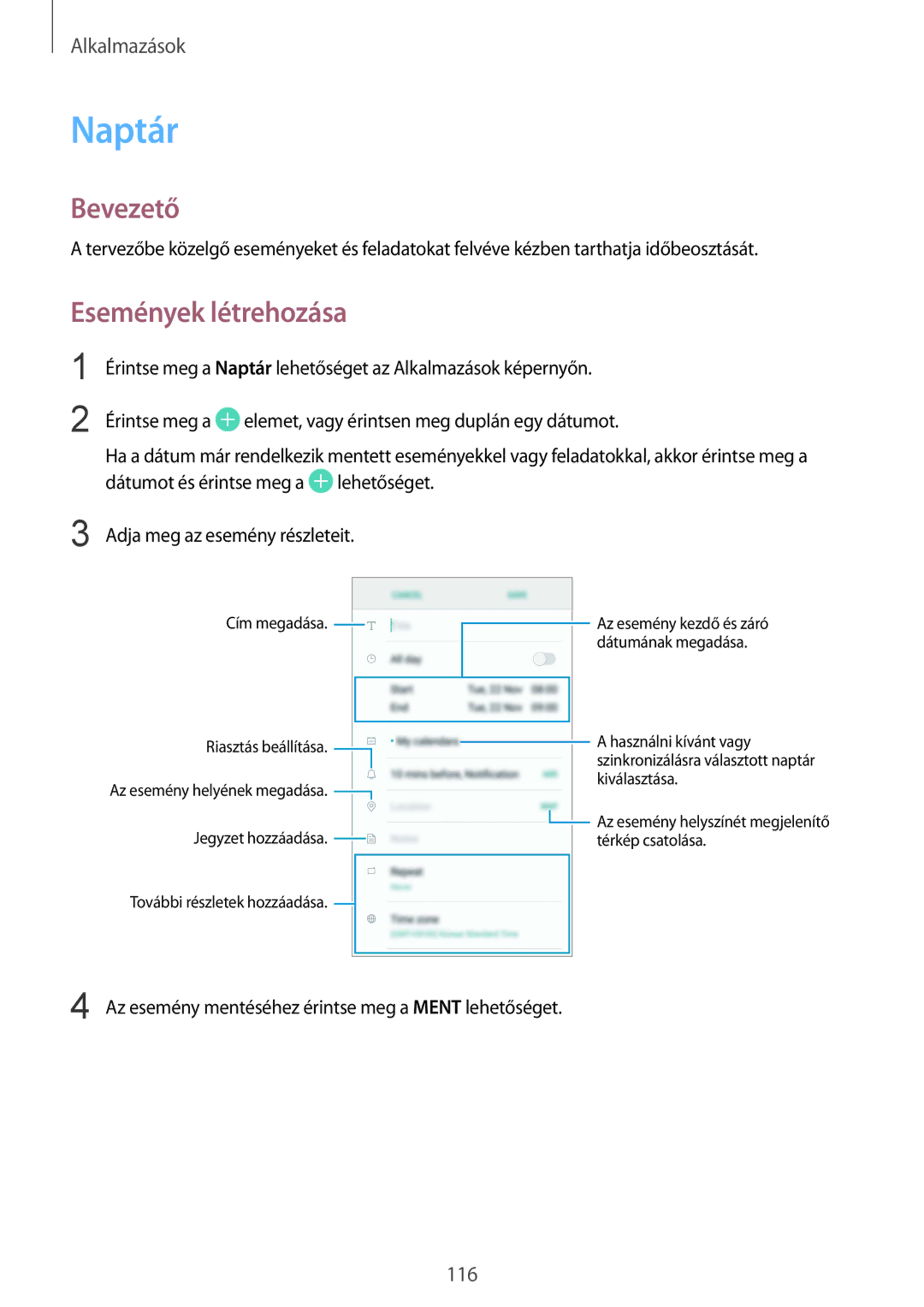 Samsung SM-G935FZDAXEH manual Naptár, Események létrehozása 