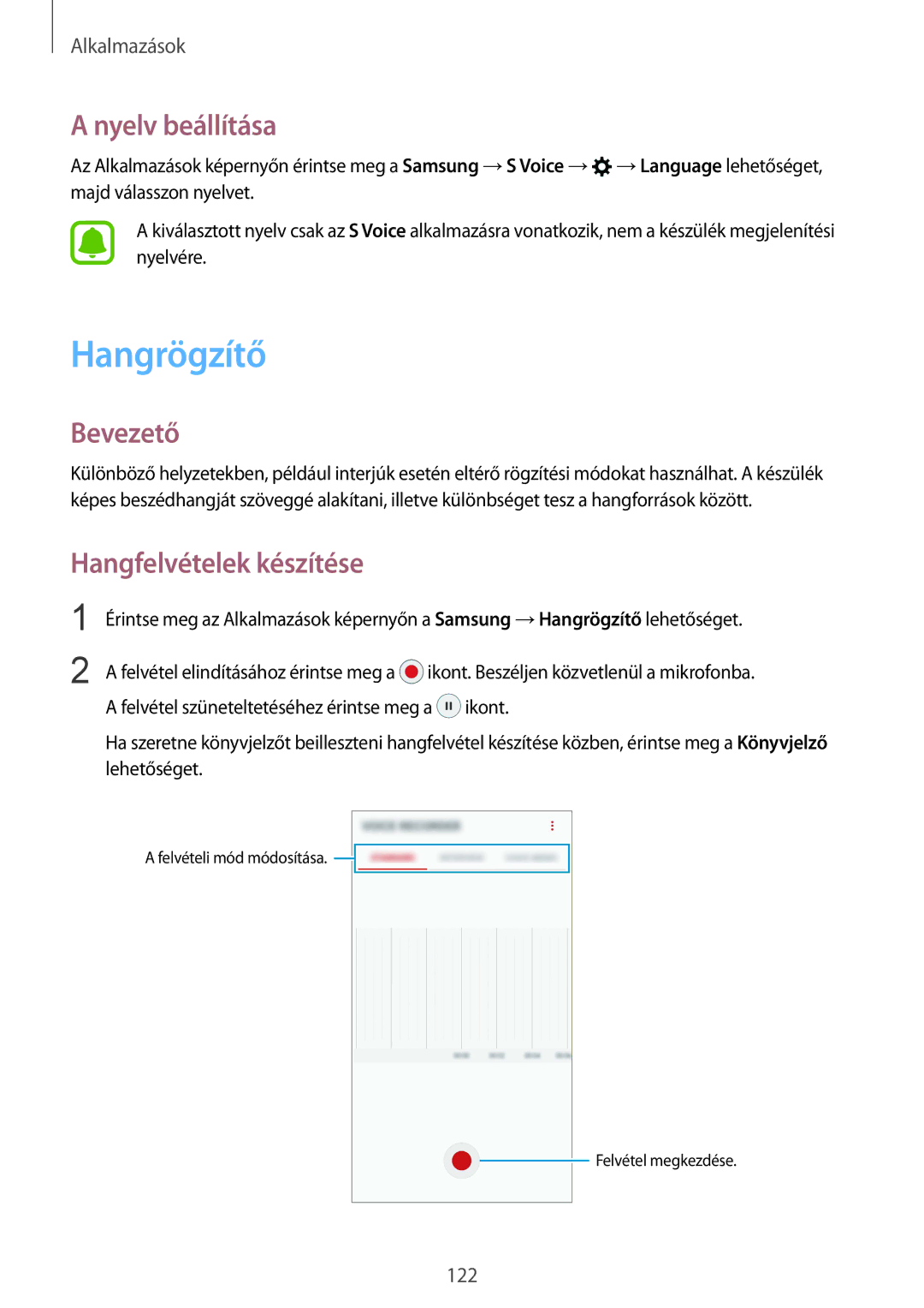 Samsung SM-G935FZDAXEH manual Hangrögzítő, Nyelv beállítása, Hangfelvételek készítése 