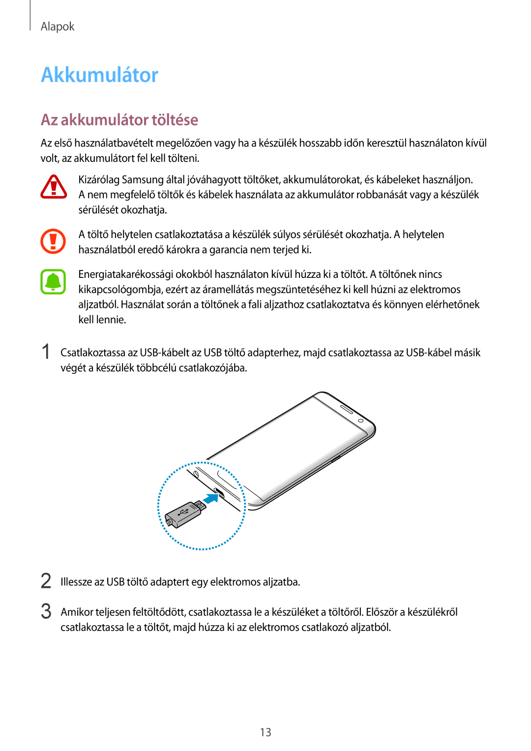 Samsung SM-G935FZDAXEH manual Akkumulátor, Az akkumulátor töltése 